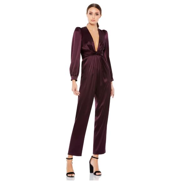 NWT Mac Duggal FRONT TWIST PUFF SLEEVE DEEP V JUMPSUIT, Size 12, Plum, #2647 - Picture 1 of 8